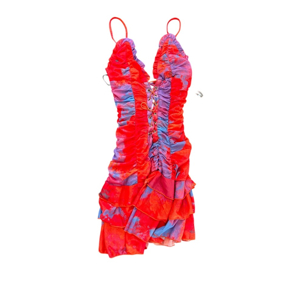 Outcast Madrid XS Red Purple Tie Dye Ruched Mesh Lace Up Ruffle Mini Dress - Picture 2 of 7